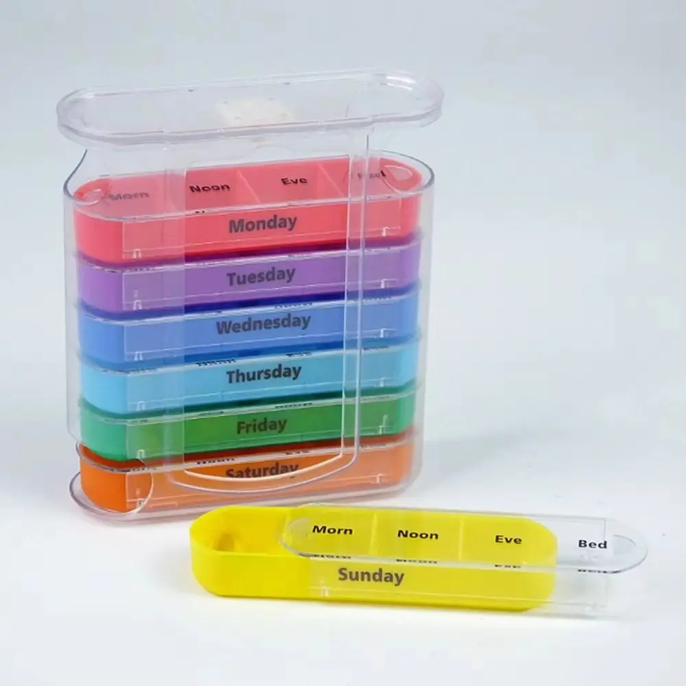 簡単開封 7日間ピルディスペンサーボックス 週間携帯用 密閉ピルケース 防湿 積み重ね可能 ピルボックス スプリッター 旅行用