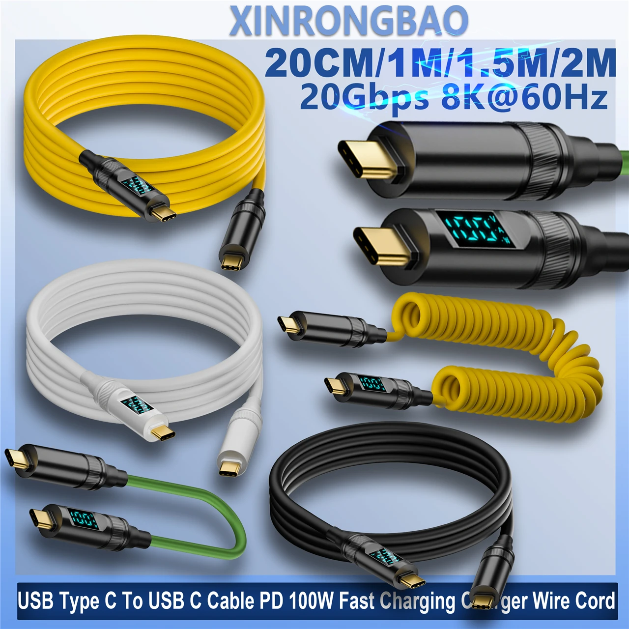 USB3.2 20Gbps USB C to Type C ThunderBolt 3 LED Display Cable 100W 5A USB-C Cord For iPhone 15 Pro MacBook Pro Samsung Xiaomi 2M