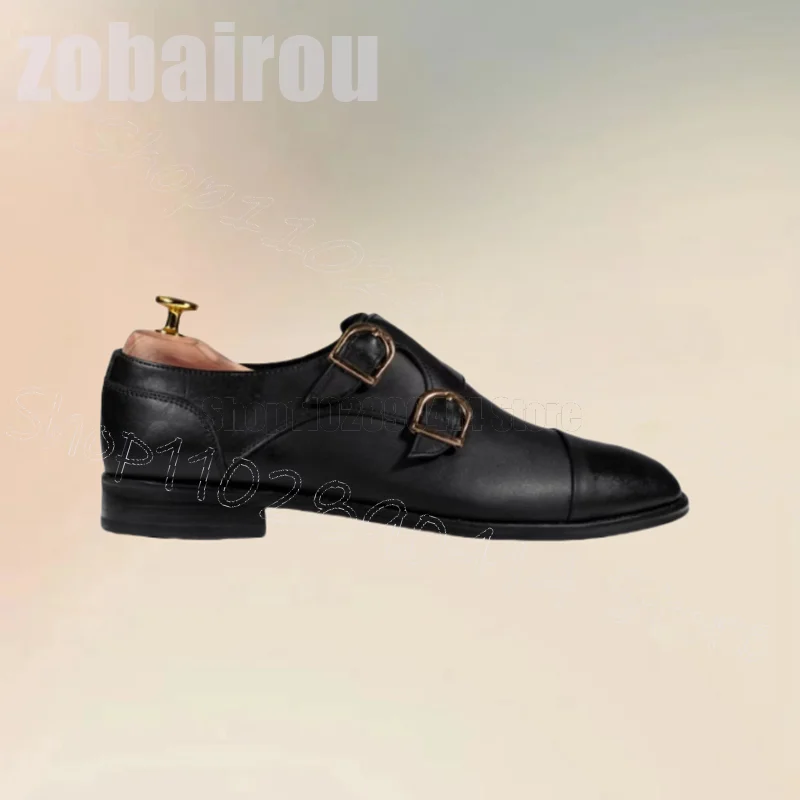 

Black Buckle Decor Double Monk Matte Leather Loafers Fashion Slip On Men Shoes Luxurious Handmade Party Banquet Men Dress Shoes