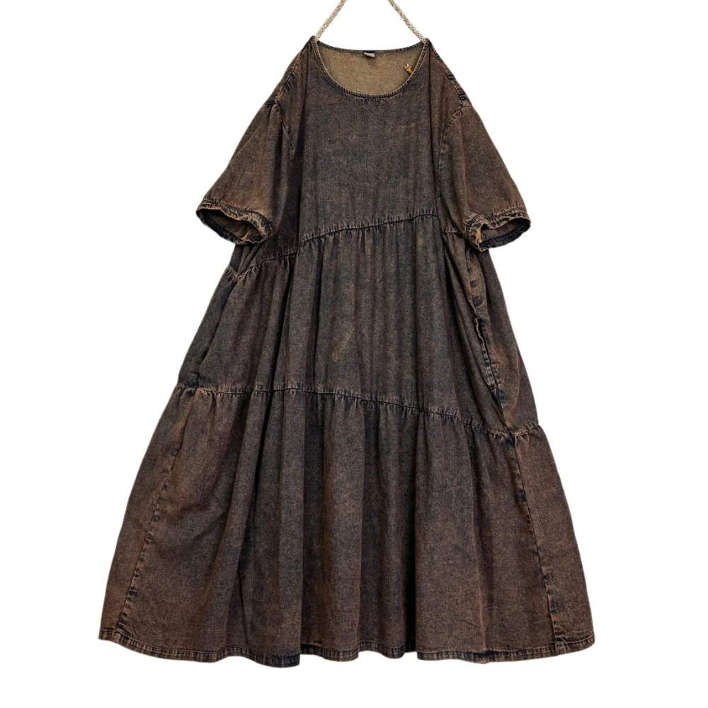 Washed Distressed Denim Short-sleeve Dress Women Loose Casual Large Hem Dress LX5788 - Image 6