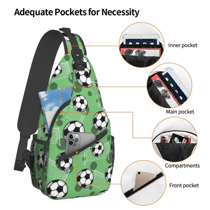 Bola de futebol e gol verde padrão Sling peito saco, mochila crossbody ombro futebol personalizado para homens, ciclismo, acampamento Daypack