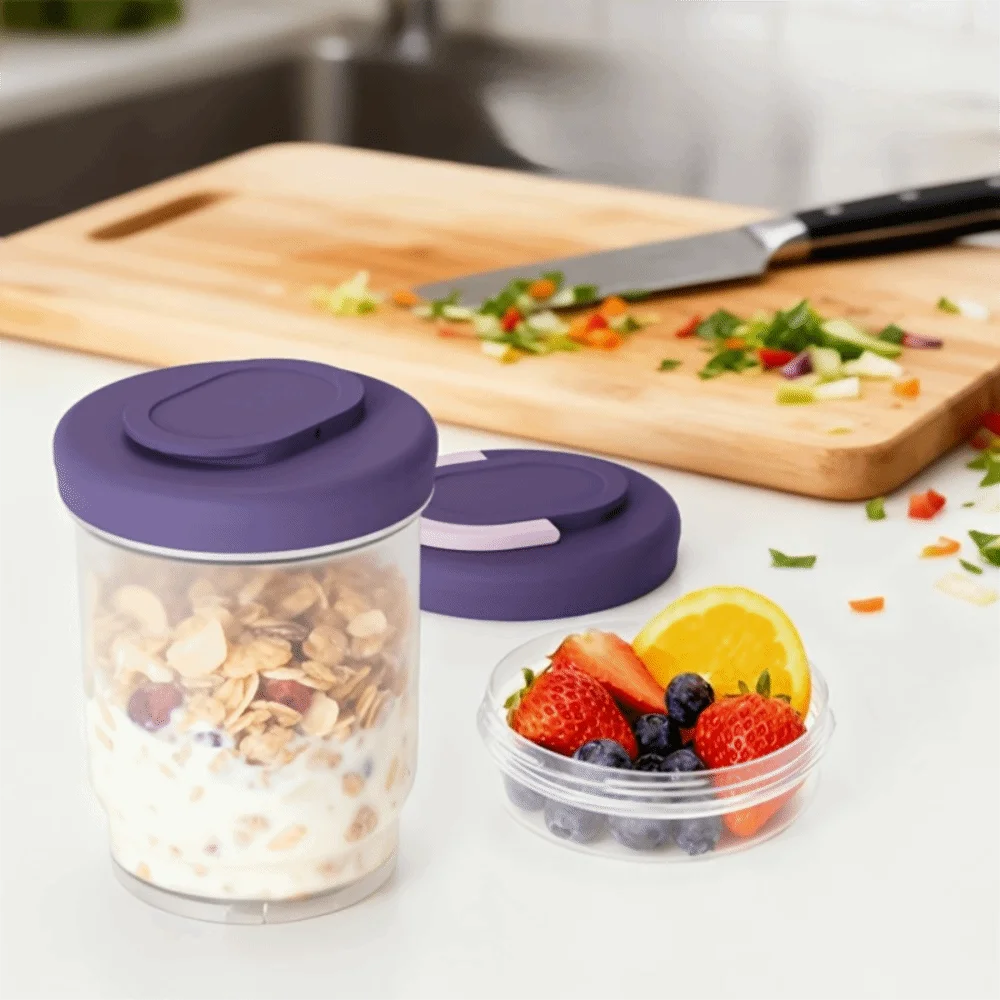 Leak-Proof Double-layer Fruit Salad Cup Draining Fresh-keeping Yogurt Oat Cup Plastic Folding Handle Breakfast Cup Outdoor
