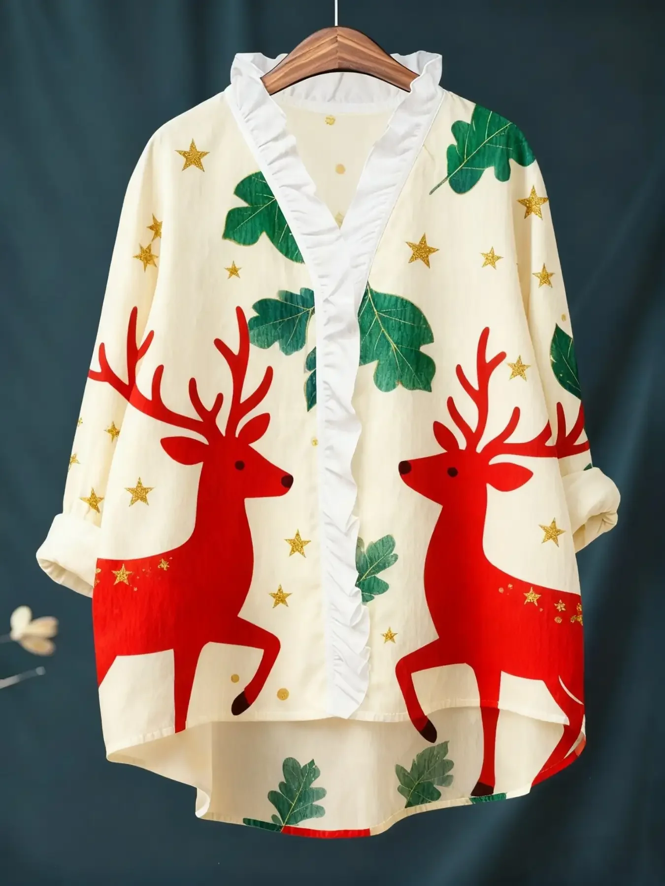 New ladies' Christmas digital printed long sleeved shirt with ruffled collar, Holiday fashion, elegant style,