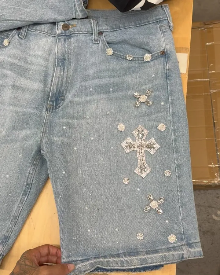 Y2K Retro Fashion Cross Rhinestone Embroidery Denim Shorts