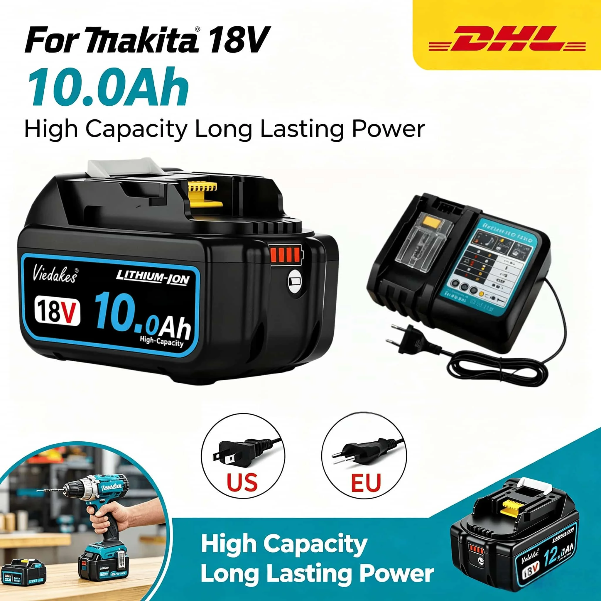 High Working Efficiency Battery For Makita 18V, VIEDAKES 8Ah 10Ah 12Ah Li-ion Pack Matches All BL18 Full Range Models
