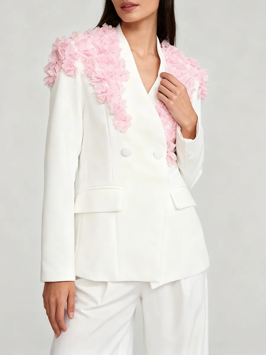 Elegant Two Piece Sets for Women V Neck Long Sleeves Tunic Spliced 3D Flower Blazer Wide Leg Pant Sets Female New костюм