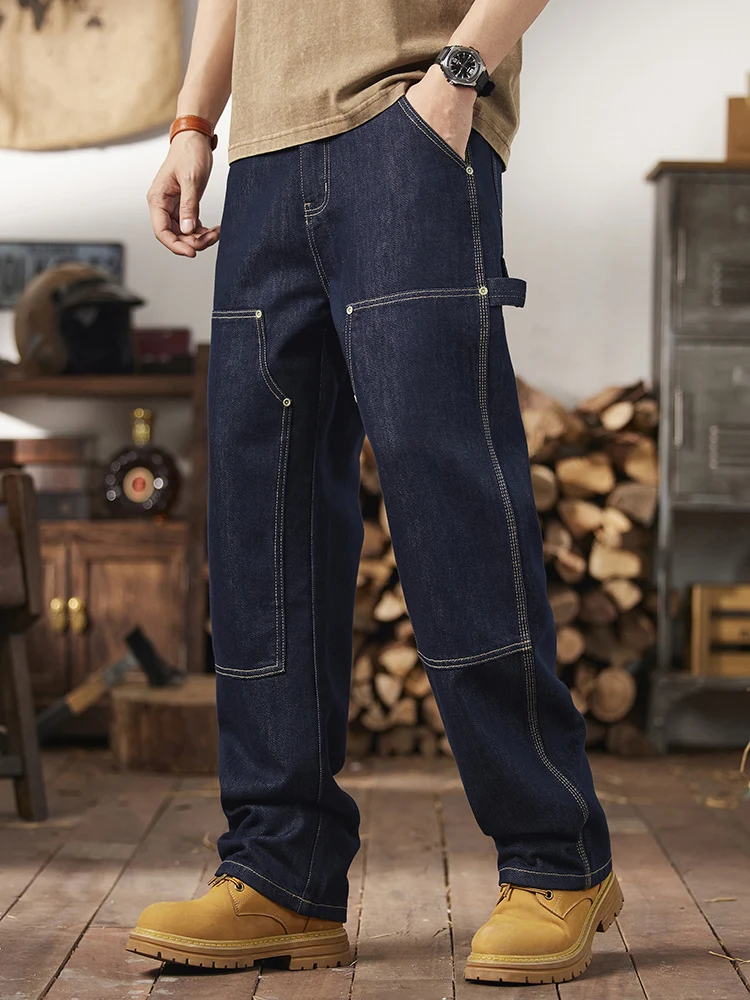 Hong Kong Trendy Brand Japanese Style Original Color Workwear Jeans Men High Sensation Loose Straight Legging Long Pants