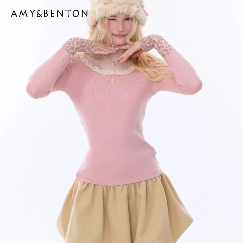 

Autumn Winter American Retro Leopard Print Cuff Women's T-Shirt Original Design Slim Round Neck Knitted Bottoming Shirt Ladies