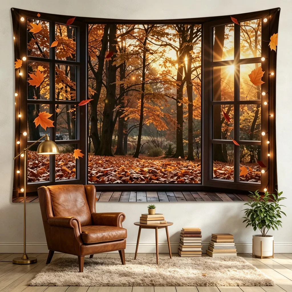 1PC Fall Leaves Window View Print Backdrop Banner, Bedroom Photo Background, Polyester, Party Decoration, Home Decor, Wall Art