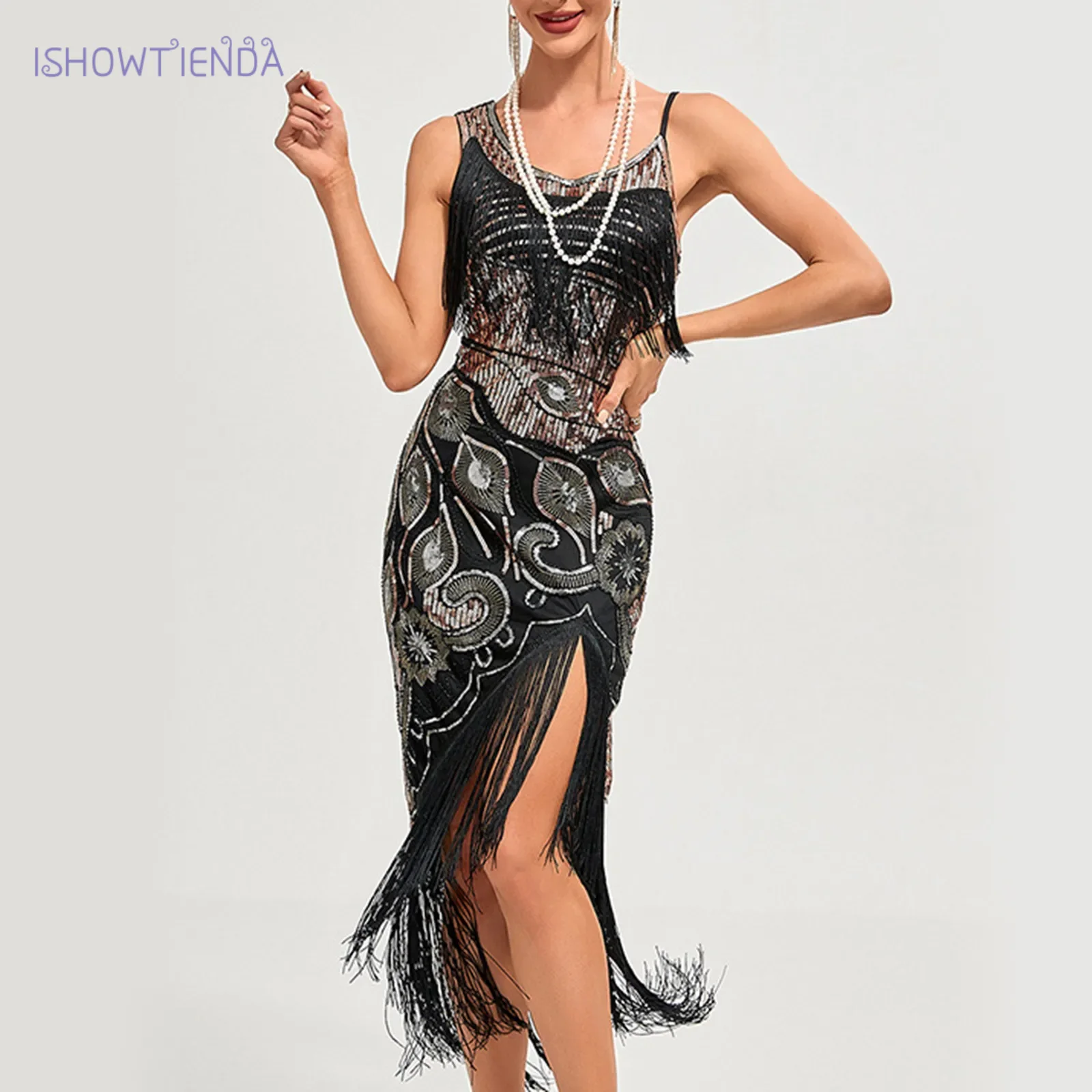 1920 formal dress Zapaka Women Black nad Green V Neck Cap Sleeves Beaded Sequin 1920s Formal Dress, S main image 1
