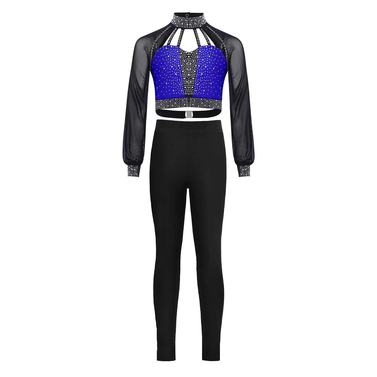 

Kids Girls Figure Skating Dance Ballet Performance Outfit Long Sleeves Cutout Strappy Shiny Rhinestones Crop Top with Leggings
