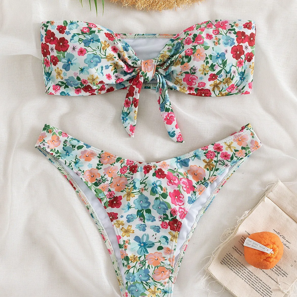 2024 Summer New Fashion Fragmented Flower Women Split Swimsuit Cute Bow Female Bikini