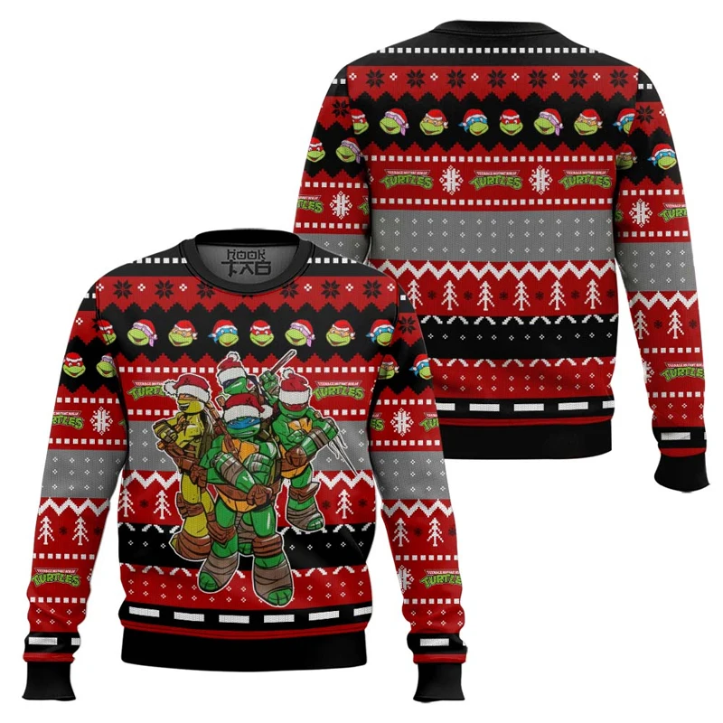 Turtle Leo Donnie Raph and Mikey Ugly Christmas Sweater Funny Holiday Party Pullover Plus Size Sweater for Men Women Xmas Gift