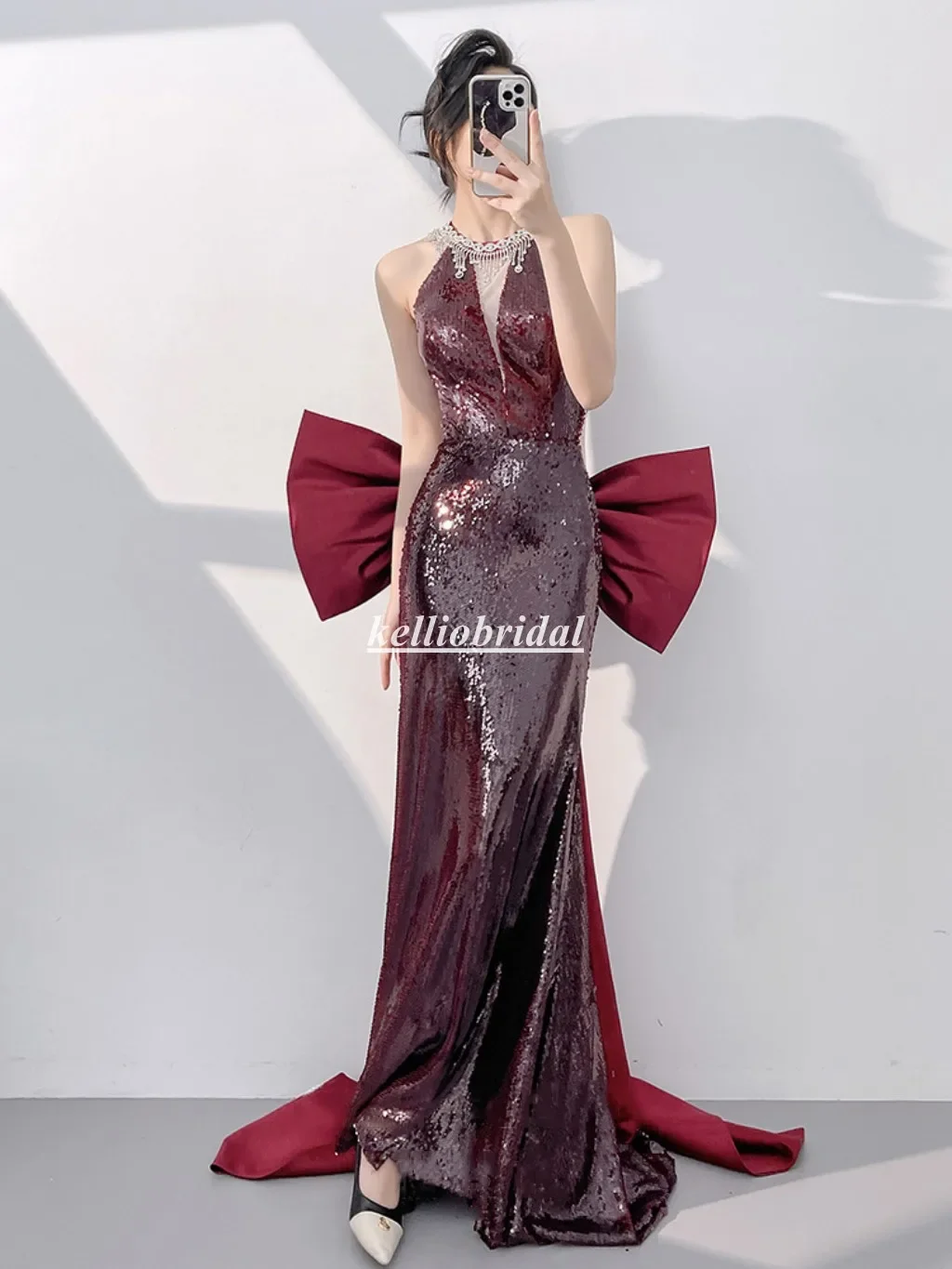 

Customized Halter Celebrity Dresses Sleeveless Mermaid Sequined Lace Evening Formal Dress With Big Bow LRF007
