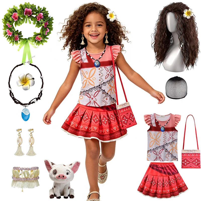 Princess Moana Kids Clothes Vintage T-shirt Pleated Skirt Summer Fancy Girls Outfits Halloween Cosplay Carnival Children Costume