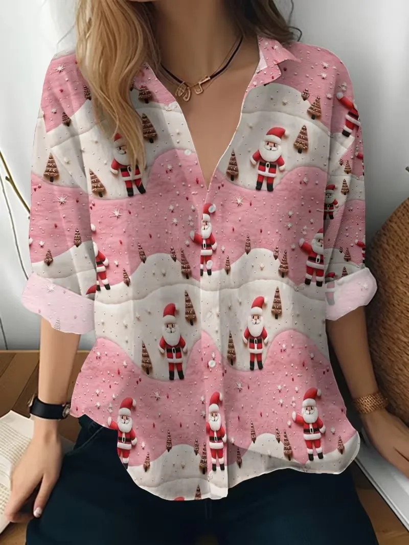 Christmas Eve hot 3D printed women's shirt, stylish cardigan with button over collar, long sleeved women's clothing
