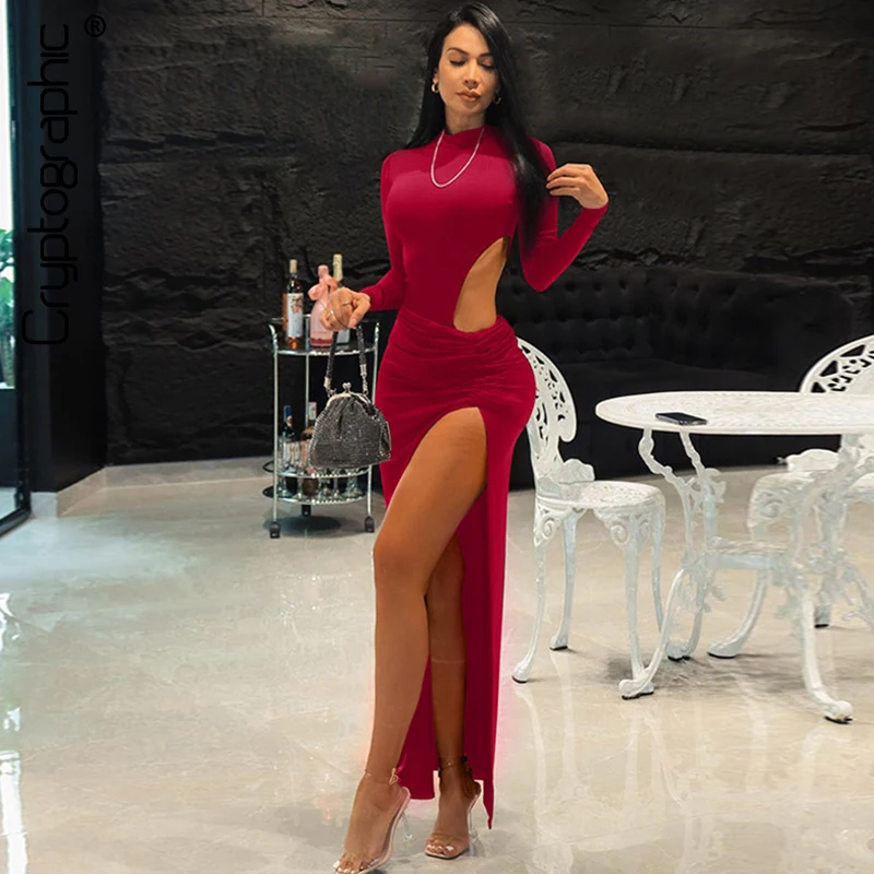 

Cryptographic Fashion Ruched High Waist Split Maxi Dress Women Outfits Club Party Long Sleeve Sexy Cut Out Dresses Gown Clothes