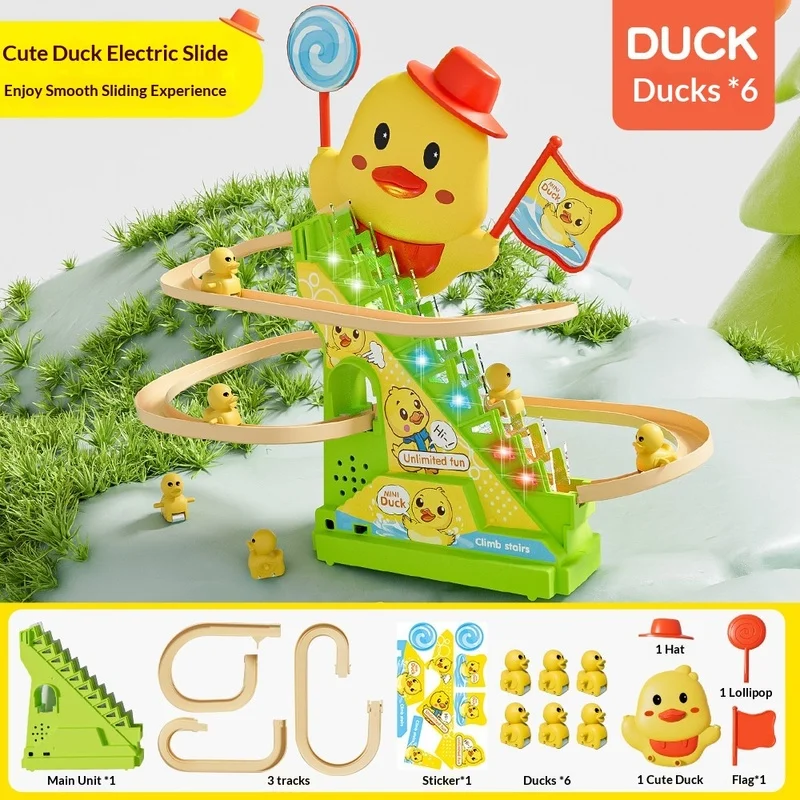 Cute Duck Electric Stair Climbing Slide Track Toy Diy Assemble With 6 Little Ducks Light Music Educational Toy For Toddlers Kids