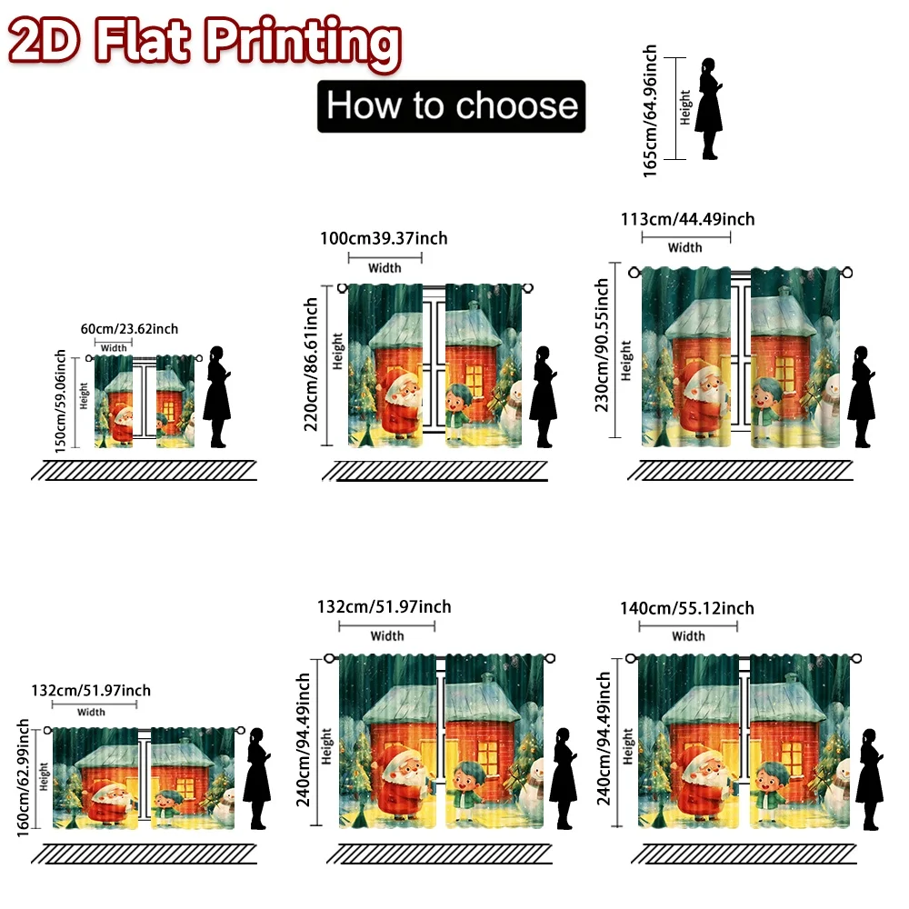 2D flat printing 2pcs Christmas Scene Curtains Christmas Santa Gift Scene Digitally printed polyester, colorfast Party & Holiday