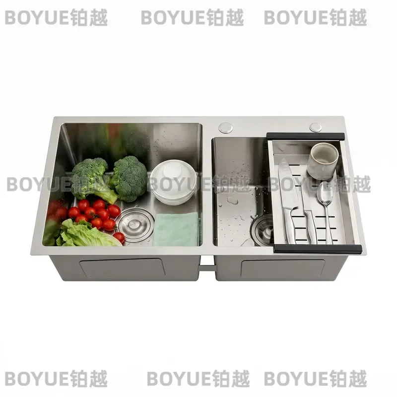 78cm Double Bowl Kitchen Sink Stainless Steel 43cm Silver Basin Set with Hoses Topmount Undermount Drop In Countertop Fixture