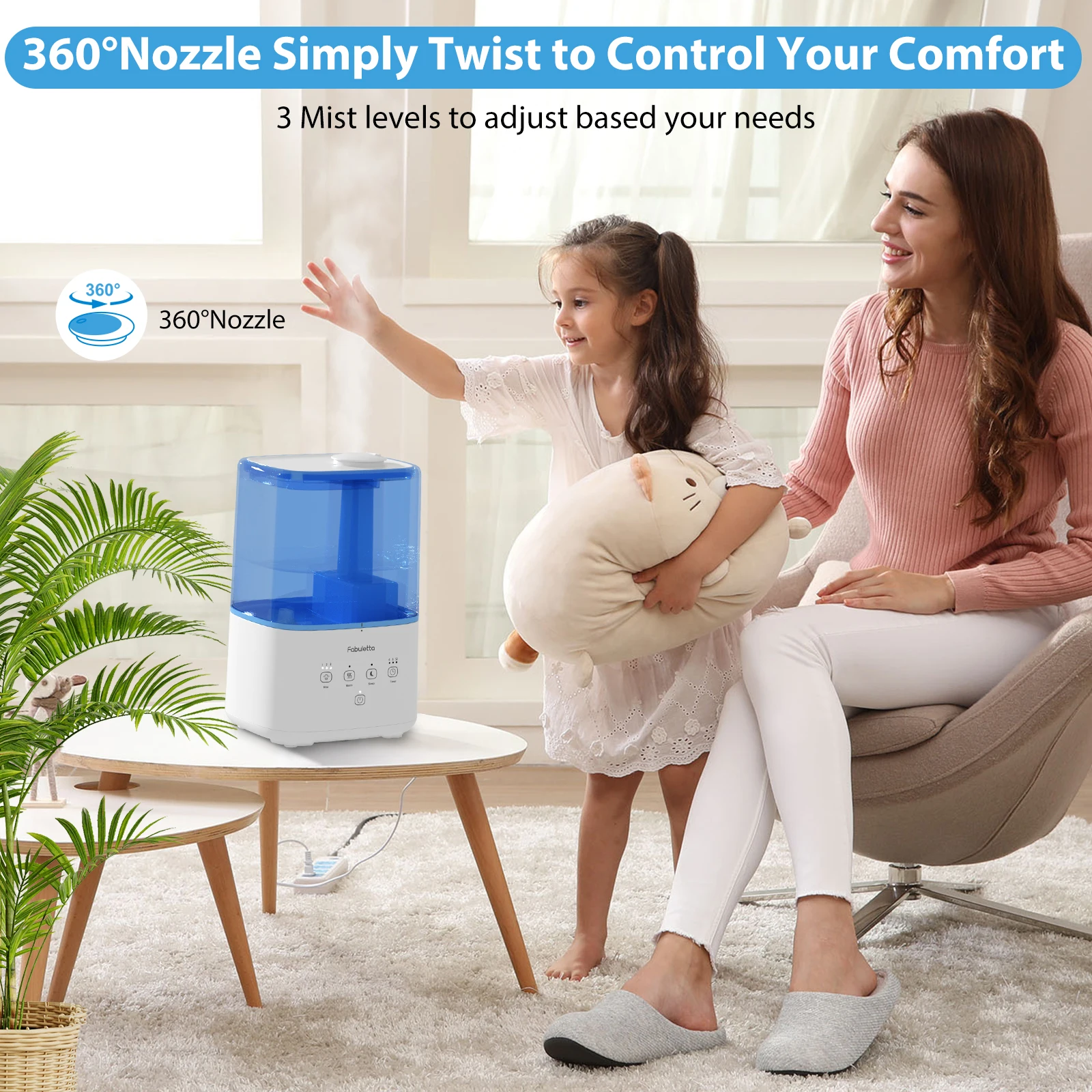 Humidificadores ultrasónicos de 4.5L para dormitorio, humidificador de niebla fría y cálida Fabuletta con 3 niveles de niebla ajustables y salida de boquilla de 360 °