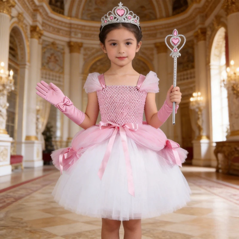 

Pink Layered Ball Gown Tutu Dress for Girls Stage Performance Kids Halloween Festive Outfit Birthday Party Princess Costume Suit