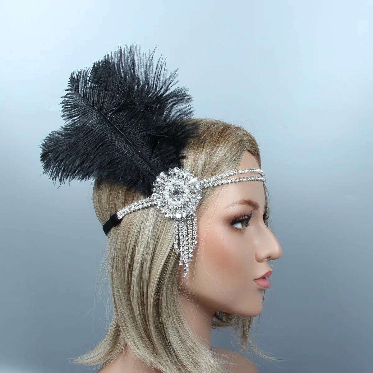 Hair Accessories For Women Girls Black Headband Rhinestone Sequin Vintage Party Headpiece Beaded Flapper Hair Feather Headband