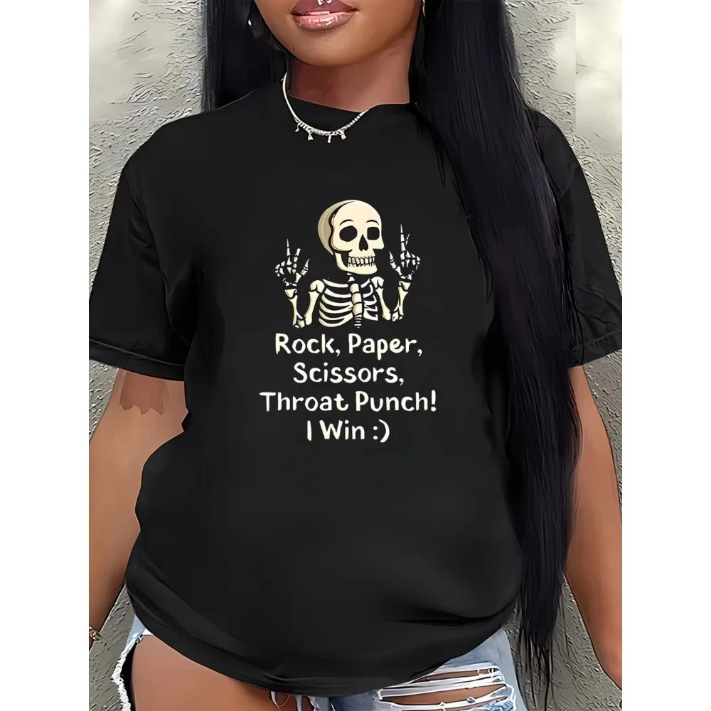 Funny Skeleton Rock Paper Scissors Throat Punch T-Shirts Women Summer Short Sleeve Graphic Tee Casual Loose Tops Streetwear Tee