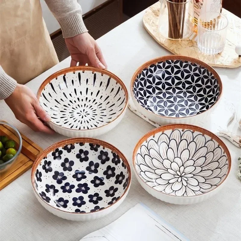 9-inch Large Soup Bowl Japanese Retro Porcelain Tableware Creative Ceramic Bowl Large Capacity Soup Pot Home Kitchen Supplies