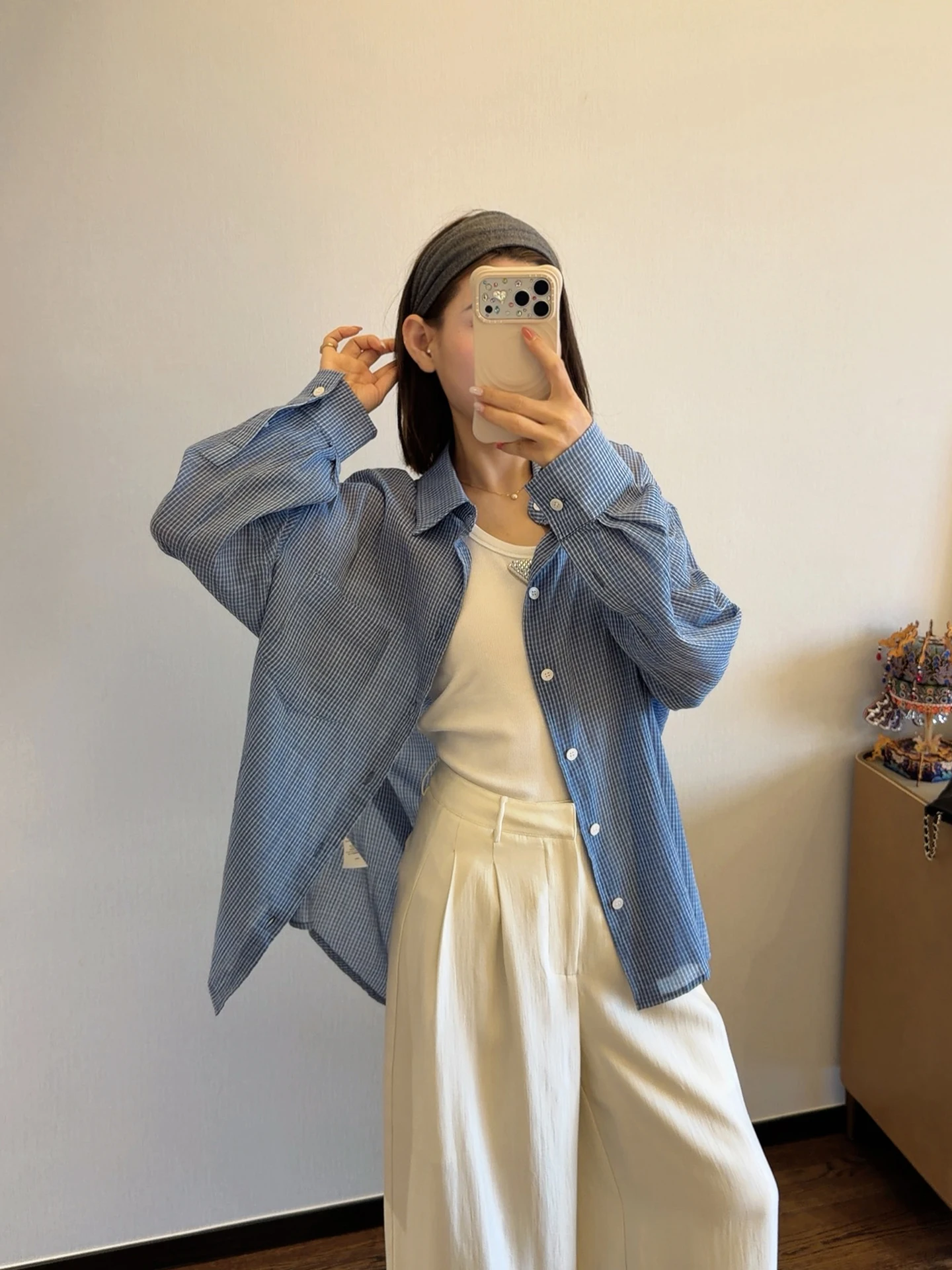 

Женская рубашка ASBR Original C Material Sea Salt Soda Loose из ультрамягкого хлопка с приятной текстурой, дышащая, с длинными рукавами, в клетку