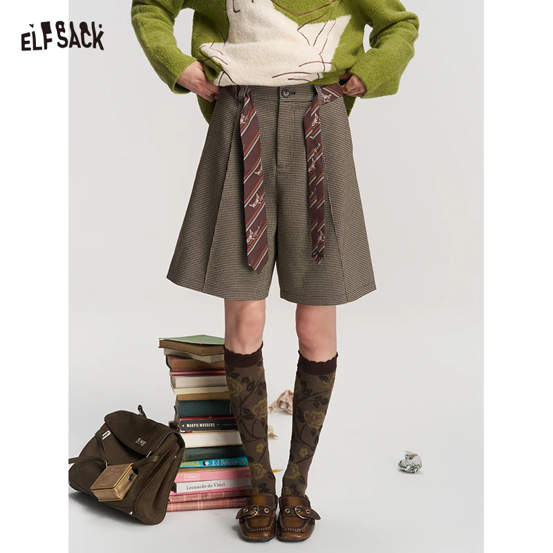 ELFSACK Women Vintage Plaid Knee‑Length Shorts, Pleated Wide Leg Trousers with Decorative Ribbon for Preppy Fall Outfits