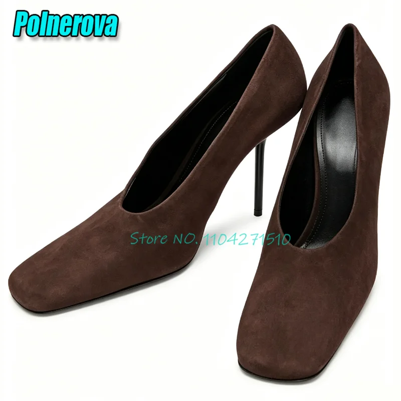 Retro Suede Square Toe Shallow High Heels Fashion Elegant Women Patent Leather Stiletto Pumps Versatile Office Party Dress Shoes