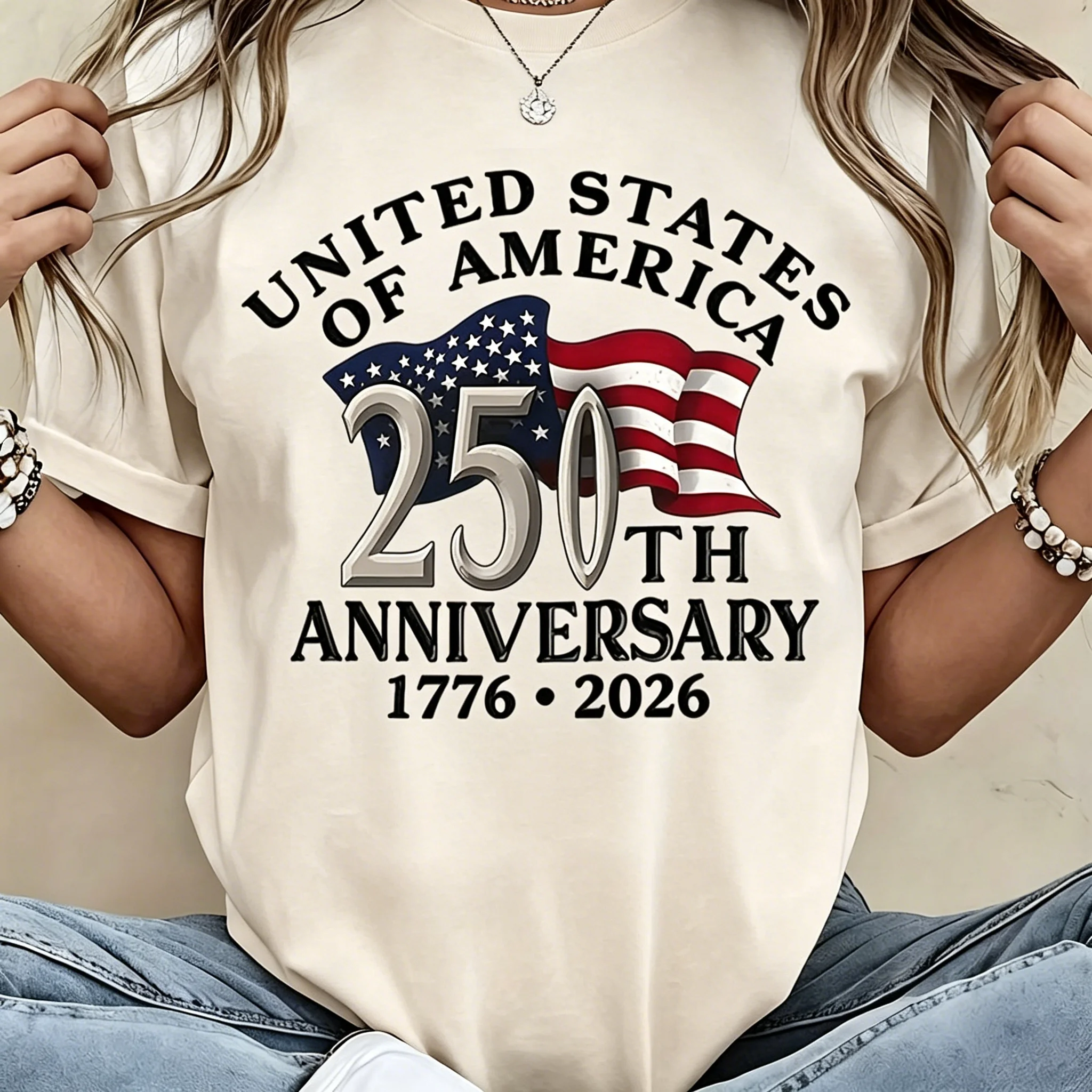 Street Fashion Usa - เสื้อยืดผู้หญิงฤดูร้อนลายธงชาติอเมริกา ฉลองครบรอบ 250 ปี วันประกาศอิสรภาพสหรัฐอเมริกา เสื้อยืดวินเทจลายธงชาติอเมริกัน