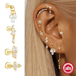 CANNER 1Pc Lotus Zircon Stud Earrings For Women Cartilage Spiral Puncture Earring 925 Silver 18K Gold Ins Fine Jewelry Gifts