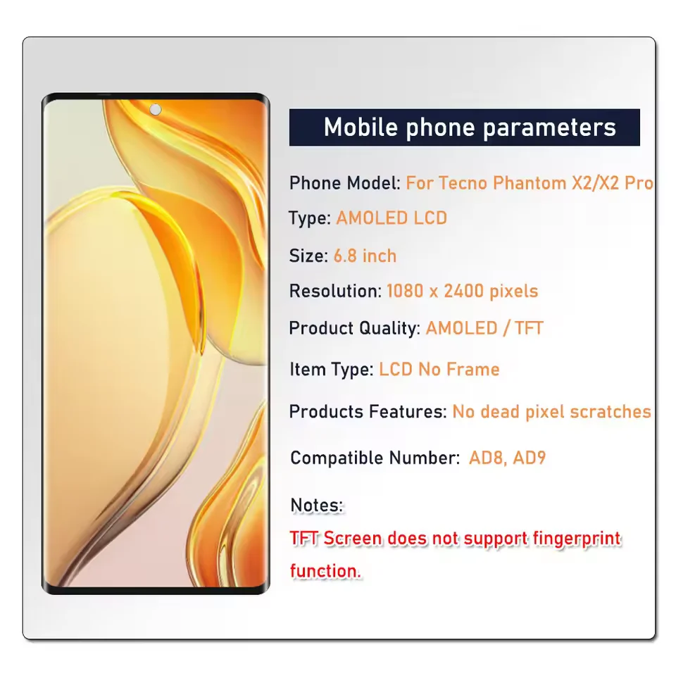 Tested AMOLED LCD For Tecno Phantom X2 Pro AD9 Display Touch Screen Assembly For Tecno Phantom X2 LCD AD8 Digitizer Replaceme