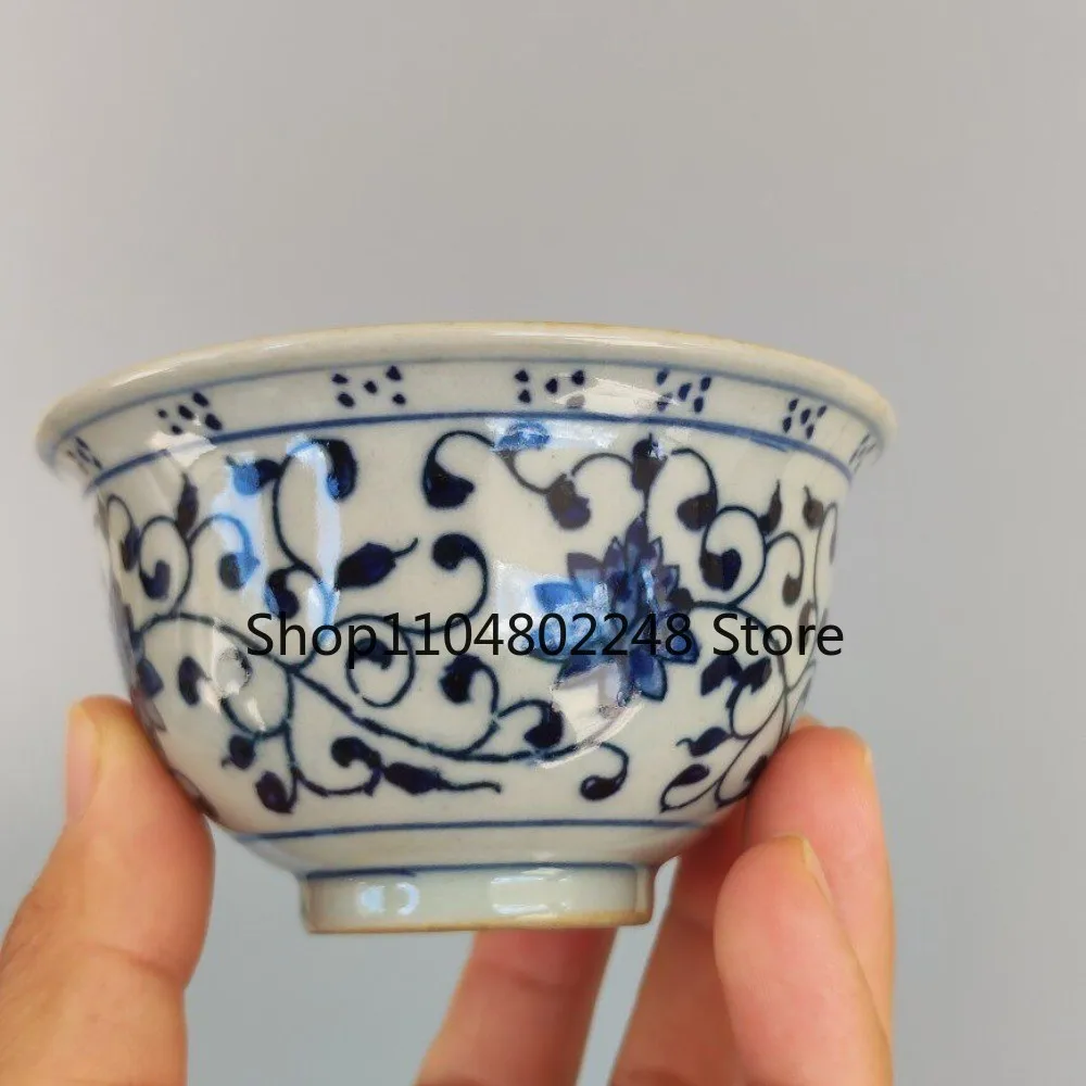 Old Blue & White Porcelain painted Interlocking Lotus Floral Cup Kangxi Mark