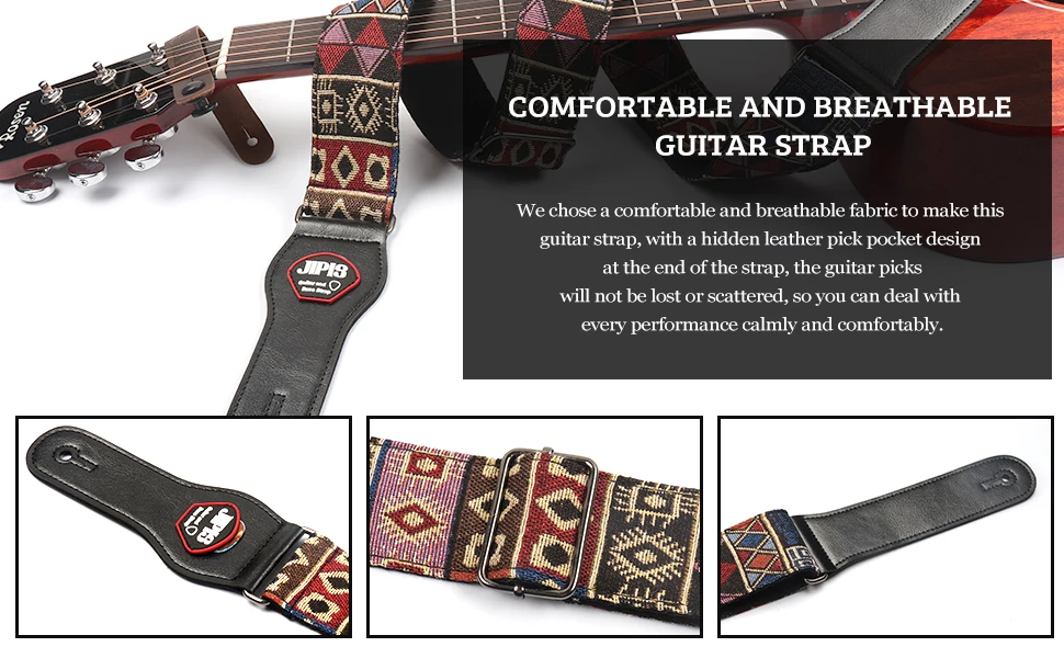 Baumwoll-Gitarrengurt mit Lederende, verstellbarer weicher Gurt für Bass, elektrische und akustische Gitarren, kostenlose Gitarrenplektren*3 – Detail 6