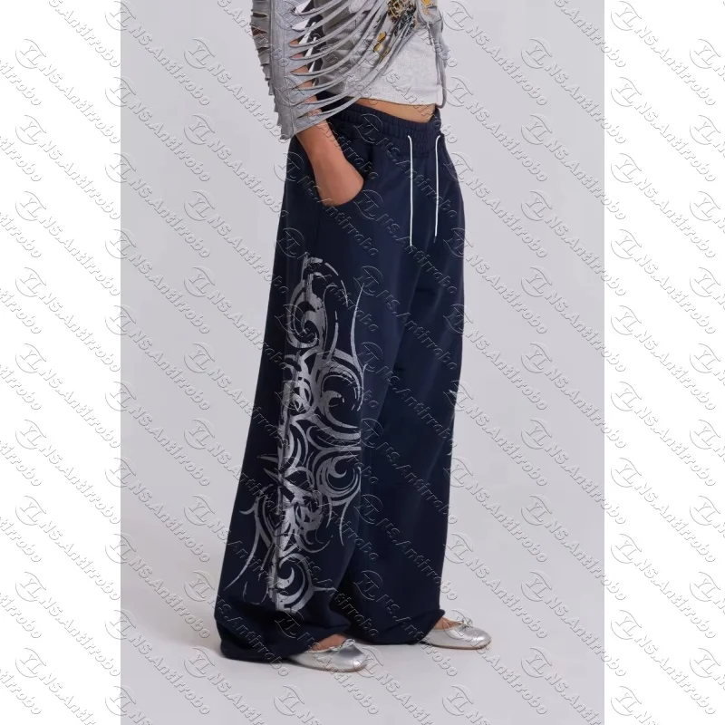 Spring Autumn Black White Y2K Track Pants Women Street Fashion American Jogging Pants Hip Hop Totem Graffiti Unisex Baggy Slacks