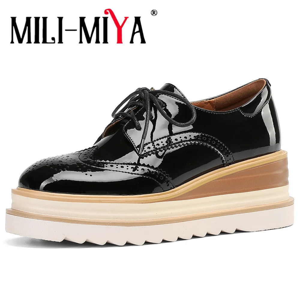 

MILI-MIYA New Arrival Breathable Openwork Pattern Women Cow Patent Leather Sneakers Platform Wedges Heels Handmade For Ladies