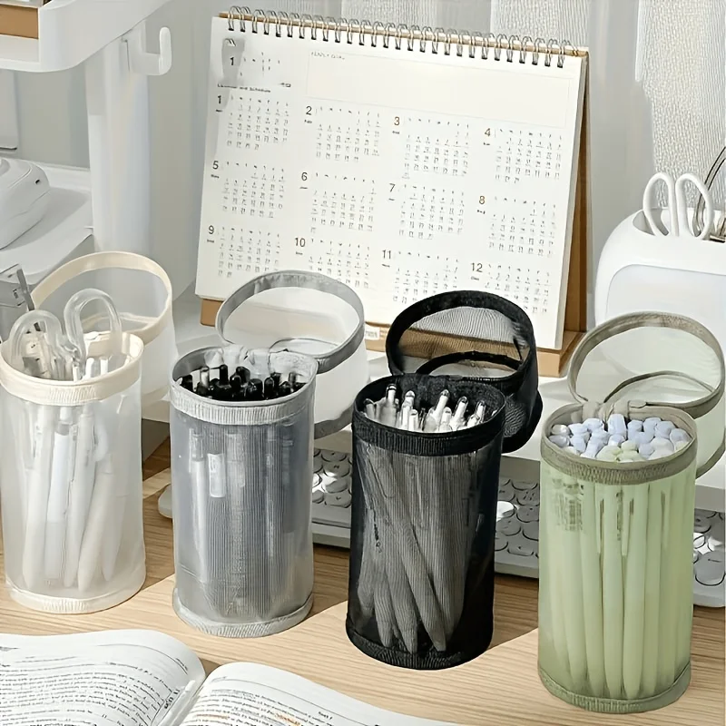 New mesh storage bag, portable zippered pen case for travel, simple and large-capacity brush bucket