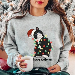 Christmas Light Cat Meowy Catmas Print Sweatshirt Autumn And Winter Sweatshirt Ladies Casual Long Sleeve Hoodless Pullovers Tops