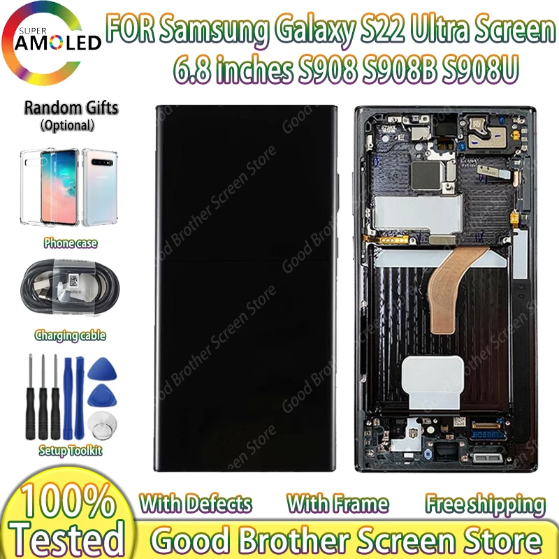 Super AMOLED S908 LCD For Samsung Galaxy S22 Ultra 5G LCD S908B S908U Display S22ultra Touch Screen 6.8\'\' NO Frame With defects