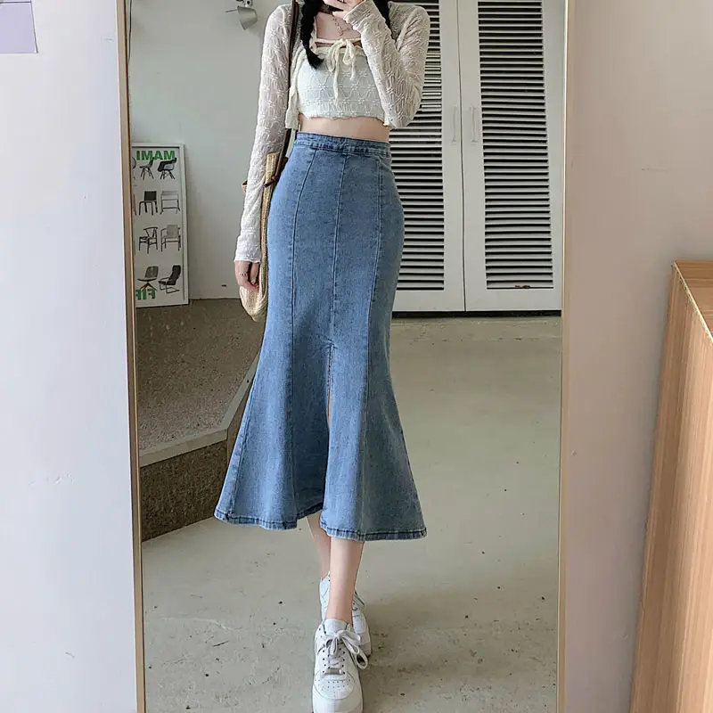 Mermaid Denim Skirts Women Slit High Street Temper Simply Elegant Ladies Korean Fashion Vintage Stylish Clothing Slim Hotsweet