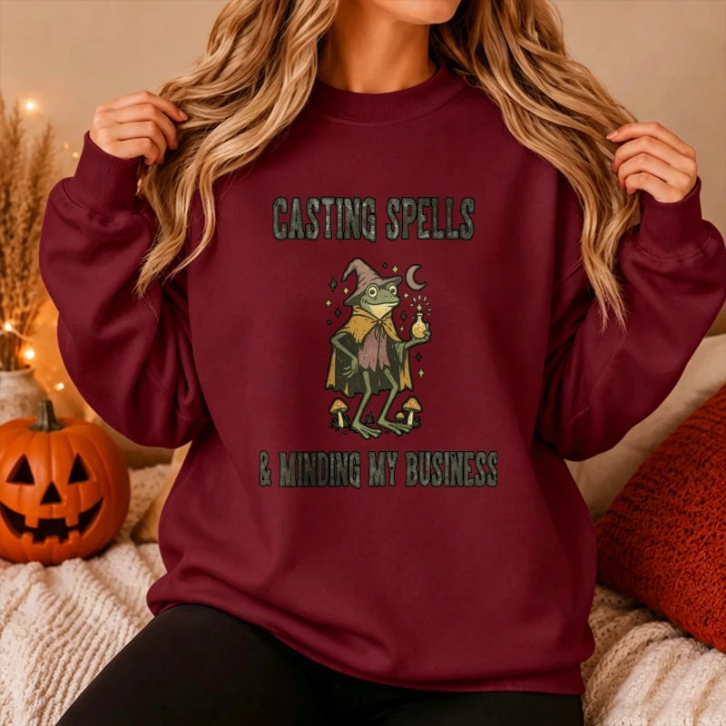 Casting Spells & Minding My Business Wizard Frog Mushroom Moon Magic Potion Sweatshirt Casual Pullover Halloween Sweatshirt Tops