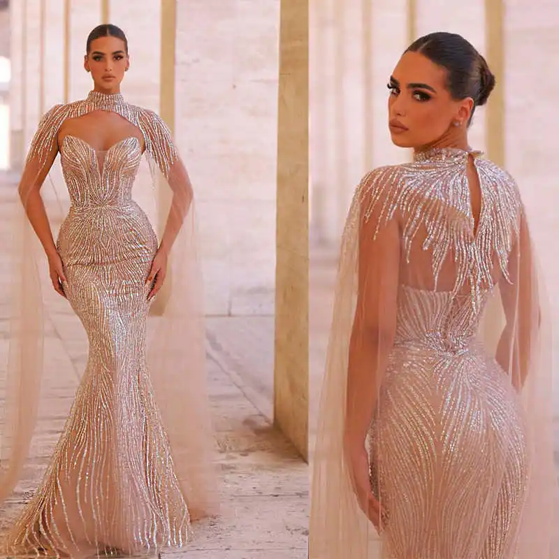 

Shiny Sequins High Neck Mermaid Prom Gowns Sweep Train With Long Cape Evening Dresses Customized Formal Occasion Dresses