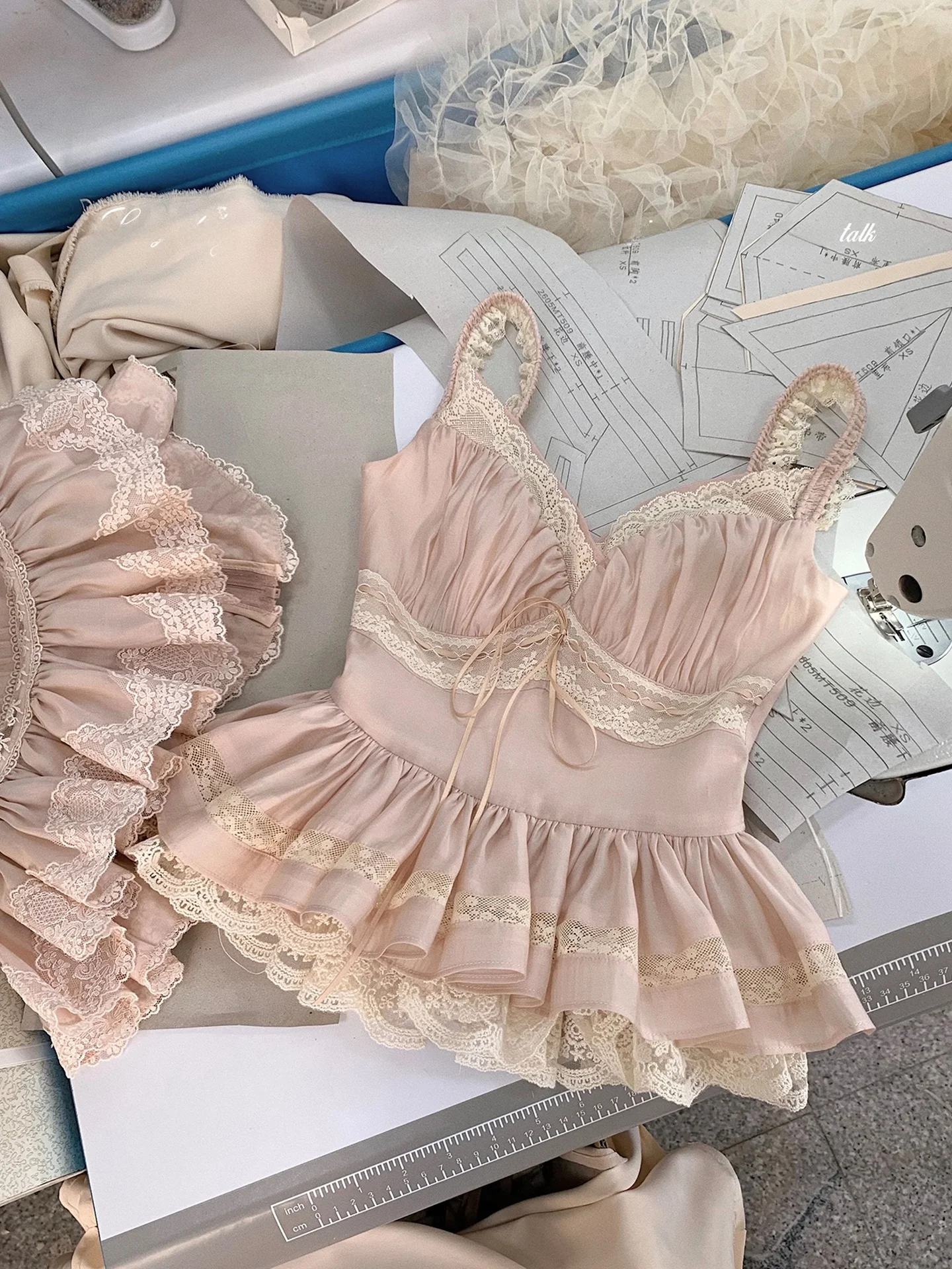 Handmade Lace Trim Top Princess Style Gathered Hem Lazy Didi Grace Diary Ruffle Sleeveless V-neck Short Length Polyester Blend