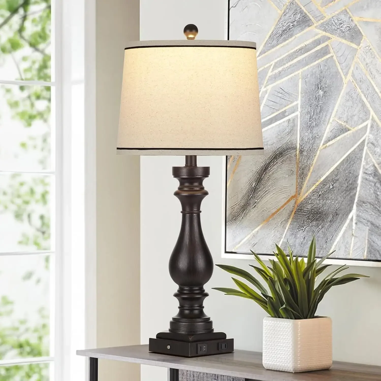 Vintage 29" Farmhouse Table Lamp with USB-C & AC Outlet, 3-Way Touch Dimmable, Retro Bedside Nightstand Light, Black view 4