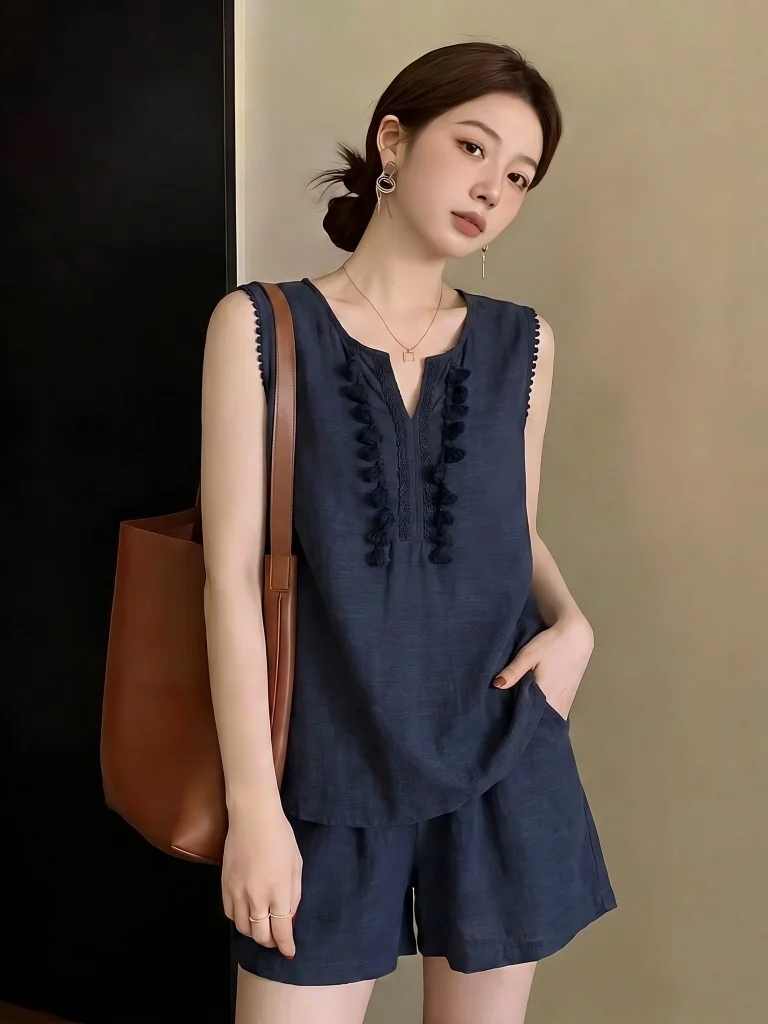 plus Size Women's Summer Fashion Set Thin Linen Vest Shorts Two Piece Set Money Bag Style Casual Commute Wear V Neck Short Sl...