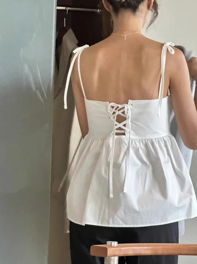 Sweet Backless Cross Lace Up Camisole Tops 2024 Summer New White Vest for Women Y2k E-Girl Strapless Ruched All-match Tank Top