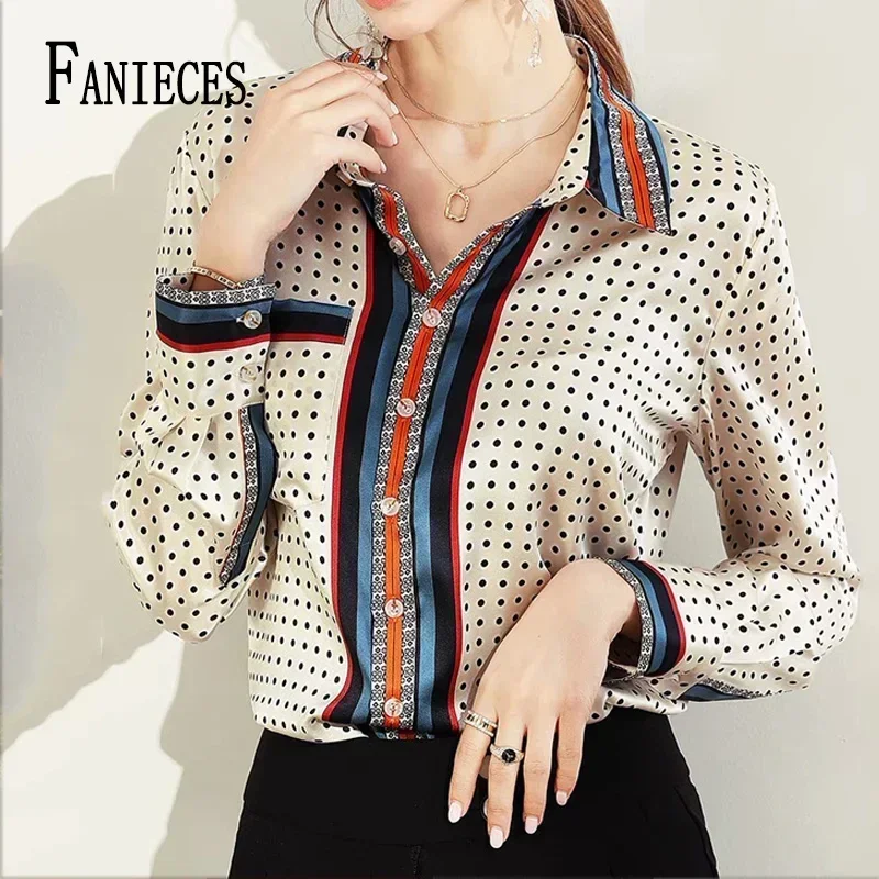 3XL Luxury Print Women Shirt Vintage Button Up Long Sleeve Blouses Office Turn Down Collar Satin Tops Блузки Рубашки